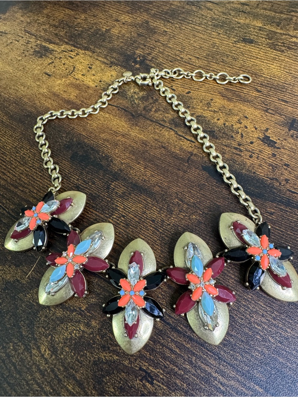 J. Crew Multicolor Geo Floral Deco Statement Bib Necklace in Antiqued Brass - Picture 6 of 7